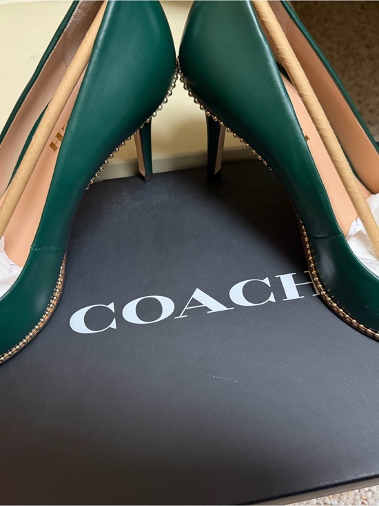 Coach Shoes - COACH Emerald Green Leather Pointed Stiletto Heels with Studded Trim